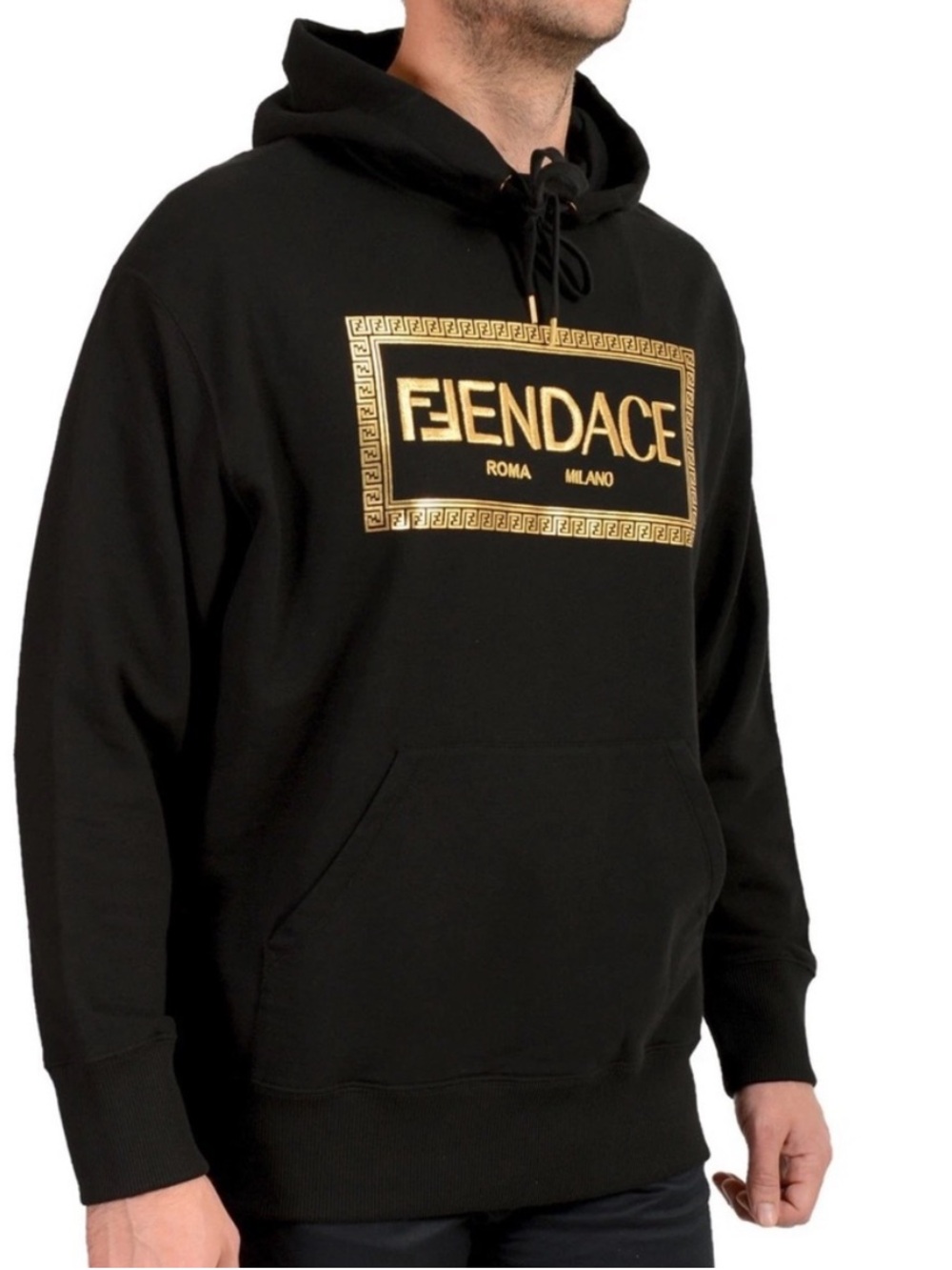 Fendi x Versace Collab NEW Black Hooded Sweatshirt Mens L Garment Bag Luxury